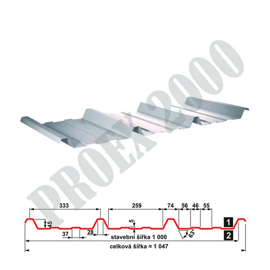 Trapezový plech T 45 P polyester 0,7 bílá RAL9010