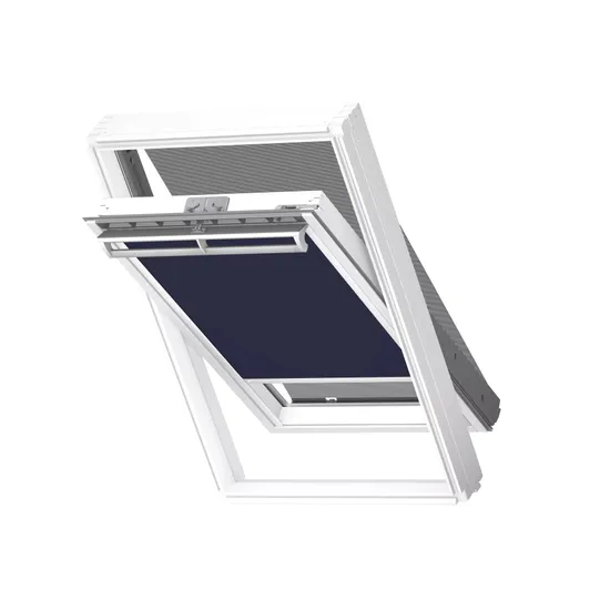 Kombinace DOP pro MK06 roleta zatemňující DKL SWL 1100 tmavě modrá + markýza, bílé lišty
